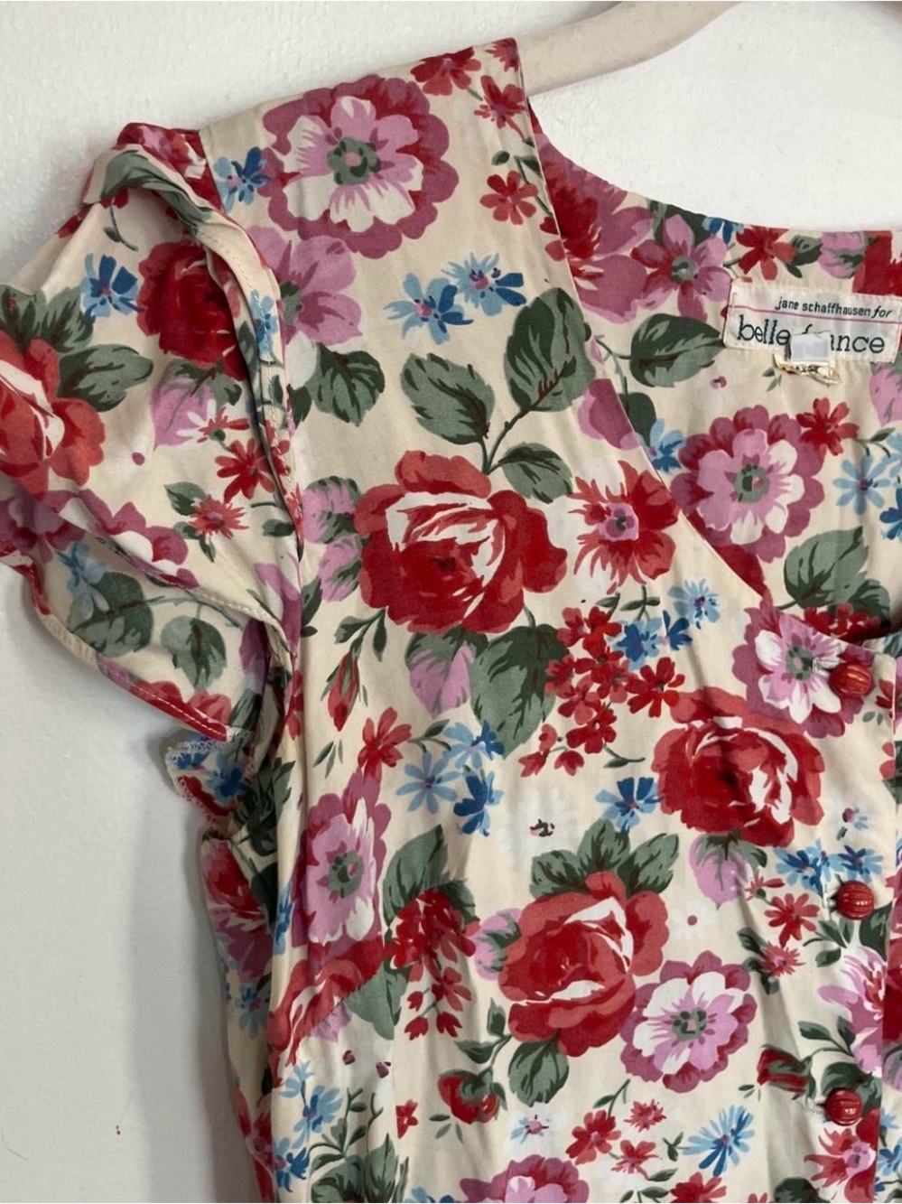 Jane Schaffhausen Belle France Floral Button-Front Dress in Cream, Red & Pink